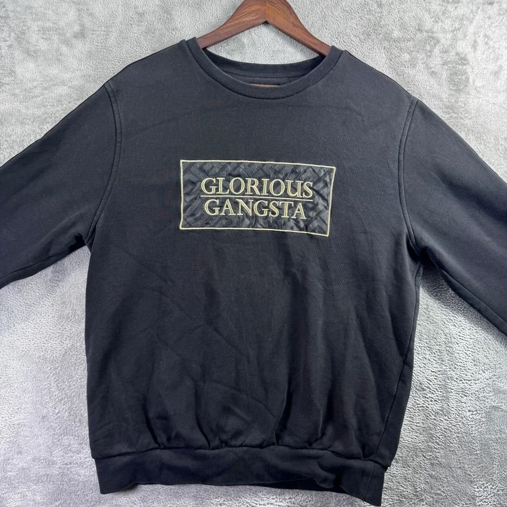 Glorious Gangsta Mens XL Black Patch Crew Neck Sweatshirt Greek Key Tape Sleeve